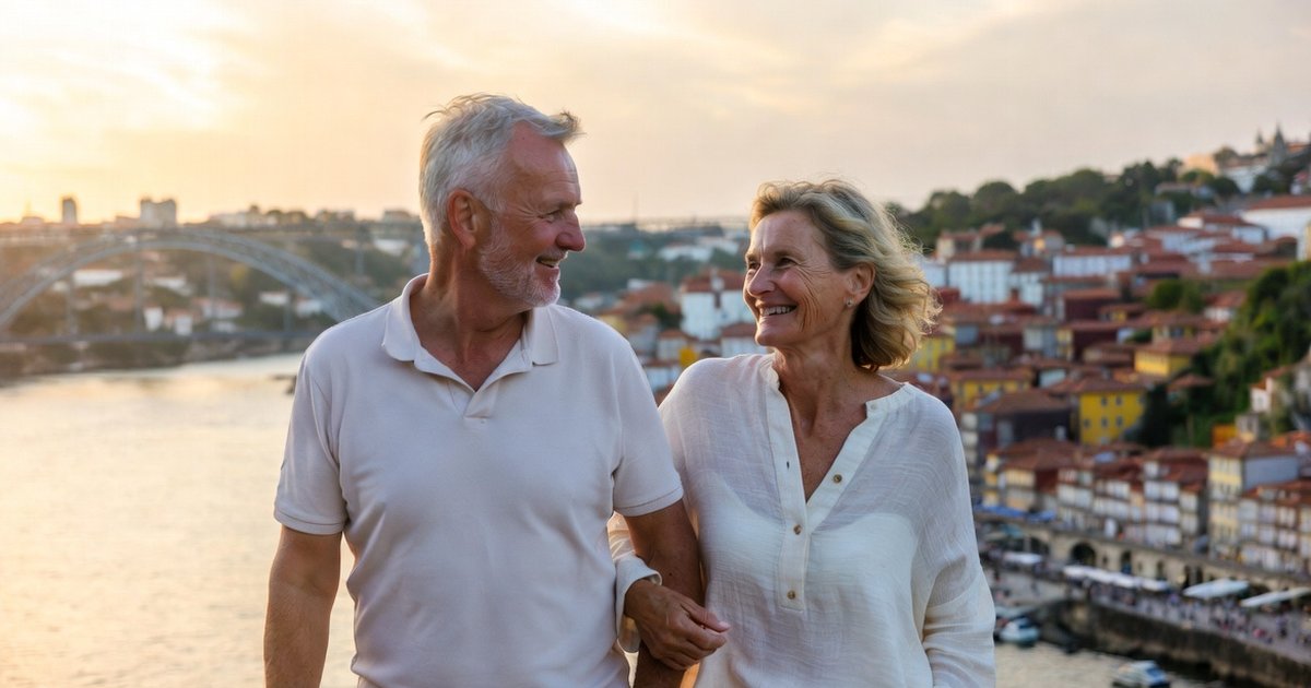 Casal de reformados estrangeiros a passear junto ao Rio Douro, com a Ribeira do Porto ao fundo